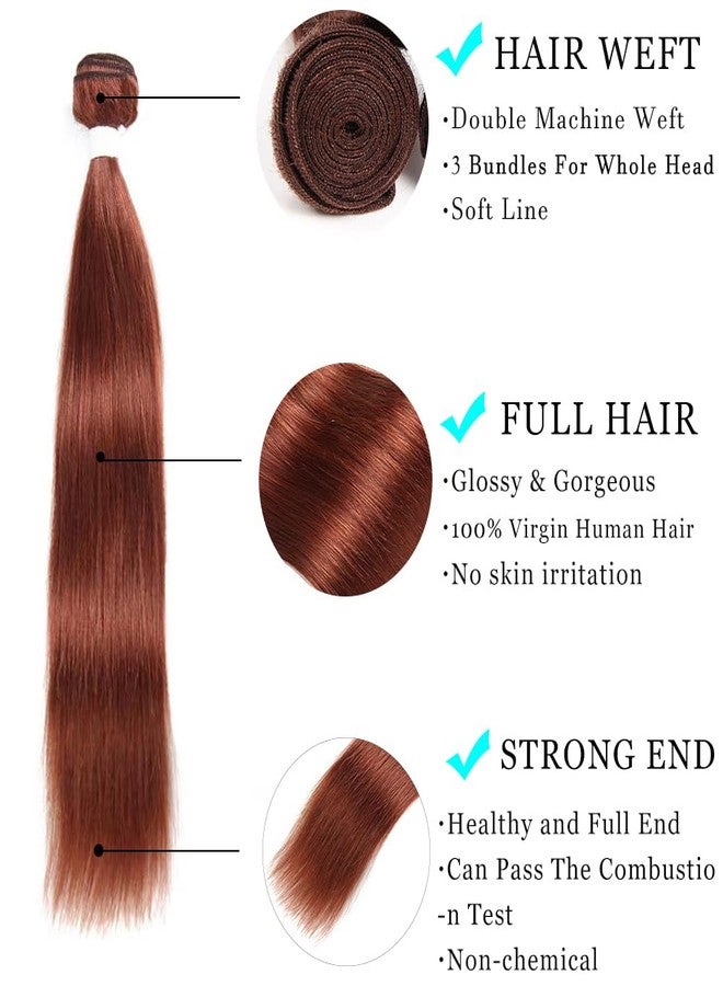 ijoy Human Hair Bundles with Closure Straight 12 14 16 +C12 Inch Brazilian Reddish Brown 3 Bundles with 4x4 HD Lace Closure Free Part 33# Color - Image 2